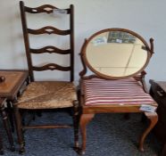 Mahogany oval dressing table swing mirror, 43cm high, together with a single mahogany dining chair