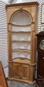 Pine floor standing corner cupboard with round arch cream painted interior, three shaped shelves