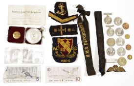 Fowler & Co, Manchester, Long Scale Calculator, circular, in square metal case, a WWII Defence medal