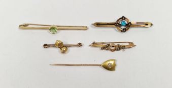 Gold and diamond regimental small bar brooch, 18ct gold and diamond shield-shape stickpin, 9ct
