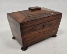 Victorian rosewood tea caddy of sarcophagus form, the lid opening to reveal two lidded tea