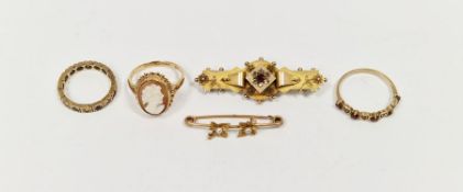 9ct gold, garnet and diamond bar brooch, a 9ct gold and seedpearl bar brooch set with two ivy