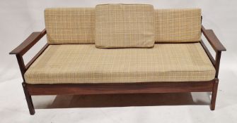 Mid century Guy Rogers 'Gambit' afromosia wood sofa bed with yellow and grey chequered upholstery,