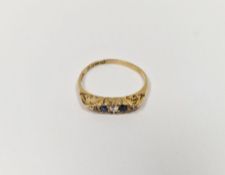 18ct gold sapphire and diamond ring set two sapphires and three small diamonds in scroll setting,