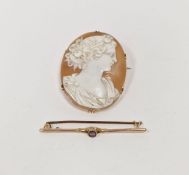 9ct gold cameo brooch, oval, carved with head of classical maiden and 9ct gold and pink stone bar