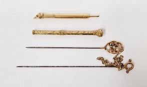 9ct gold scroll ended hat pin, another gold-coloured metal scroll ended hat pin linked by gold-