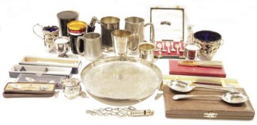 Assortment of silver plate and other metalware, to include tankards, flatware, a tea strainer on