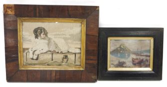 Victorian petitpoint tapestry picture of a dog on quayside, 25cm x 32cm in rosewood frame and a