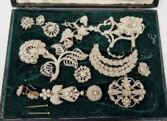 Victorian seed pearl brooch with trembling flower, various seed pearl set brooches, earrings and