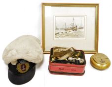 Quantity of naval brass buttons, uniform accessories, a naval brass tobacco pouch with hinged lid,