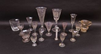Assorted drinking glasses, 18th-20th century. Including a Continental engraved armorial goblet dated