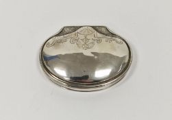 19th century white metal snuffbox of clam shell form, with gilt interior, indistinctly marked to