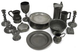 Old French pewter lidded litre jug, stamped 'Boulanget' to base, pewter mugs, pewter candlesticks,