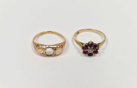 9ct gold cluster ring with central white illusion set stone, probably diamond and five purple