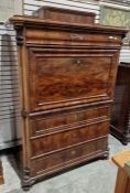 19th century mahogany escritoire having raised box top with single drawer, ogee mould frieze drawer,