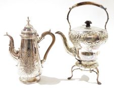 Victorian silver plated spirit kettle on stand, with wooden handles, embossed and engraved