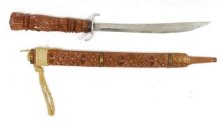 Eastern short sword with curved blade and having carved wood scabbard and handle, 66cm long overall