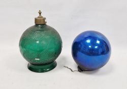 Late 19th century engraved green glass globular lamp shade and a 19th century iridescent blue