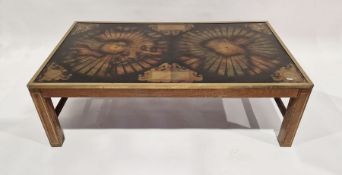 Modern atlas/map topped coffee table of rectangular form, raised on four squared wooden legs, 43cm