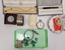 Victorian silver-coloured metal bangle with chinoisserie engraving, a pocket watch and other costume