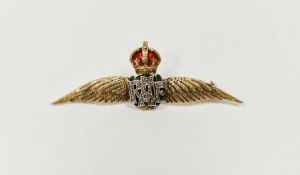 Gold coloured metal enamel and small old cut diamond RAF sweetheart brooch