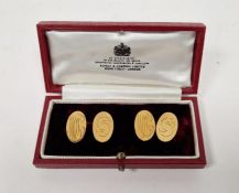 Pair 18ct gold chain pattern cufflinks, each with oval end, 6.7g approx., in red gilt tooled case