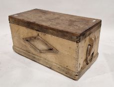 Pine travelling/blanket trunk of rectangular form with two rope handles, 46cm high x 93cm wide x