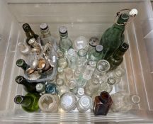 Collection of coloured and clear glass bottles, 19th/20th century and assorted silver-plates