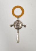 Silver and mother-of-pearl mounted Little Jack Horner baby's rattle, hallmarked Birmingham 1920,