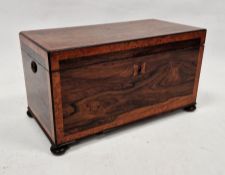 Victorian rosewood and bird's eye maple tea caddy of rectangular form, the lid opening to reveal two