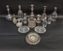 19th century silver-mounted decanter, assorted decanters and cruet bottles, a silver-gilt mounted