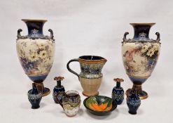 Pair of Doulton Lambeth stoneware oviform vases, a large jug, a pair of miniature vases, two