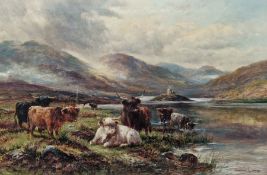 Andrew Lennox (19th / 20th century) Oil on Canvas Scottish landscape with highland cattle by a