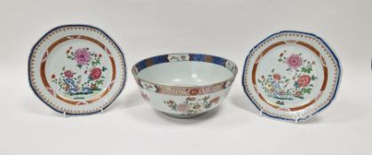 Late 18th century Chinese Export Famille Rose punchbowl and two octagonal plates, each painted