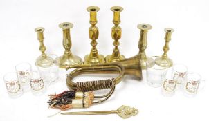 Pair of brass table candlesticks with hexagonal knopped stems, another pair of brass candlesticks