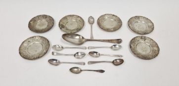 Group of English and continental silver teaspoons, a 19th century serving spoon and six