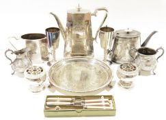Assortment of silver plated wares to include a 19th century teapot, a card tray, sugar caster,