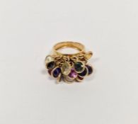 Gold coloureded metal semi-precious dress ring, gold coloured band with multiple pendant drop