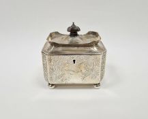 Victorian aesthetic movement silver tea caddy, of octagonal form, with engraved scenes throughout
