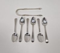 Set of six George III silver teaspoons with bright cut decoration, London 1805, and pair of George