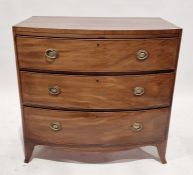 19th century mahogany bowfront chest of three long graduated drawers with stringing, brass oval drop