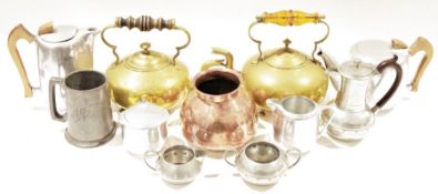 Brass kettle, a Picquot four-piece pewter tea service, brass trivets, sundry metalware, small