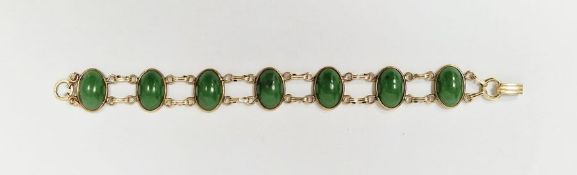 12K gold filled green cabochon stone set bracelet, indistinctly marked Vandell, set seven green
