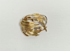 14K gold, diamond and pearl brooch, abstract folio design having single pearl and small diamond,