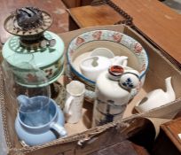 Wedgwood embossed Queensware jug, a vintage brass and green milk glass oil lamp with enamelled