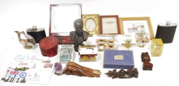 Small pair of opera glasses, a lacquer box, two spirit flasks, sundry playing cards, a bronze-effect