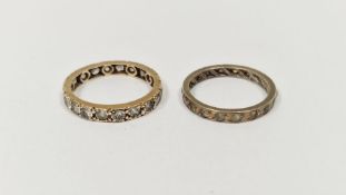 Gold-coloured metal and white stone eternity ring and another metal and white stone eternity ring (