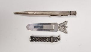 Silver-cased propelling pencil, a silver butterfly-topped bookmark and a Victorian cased