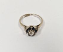 18ct white gold, sapphire and diamond cluster ring, set central, small illusion-set diamond