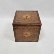 19th century cuboid mahogany inlaid and strung two partition tea caddy, 13cm each side Condition